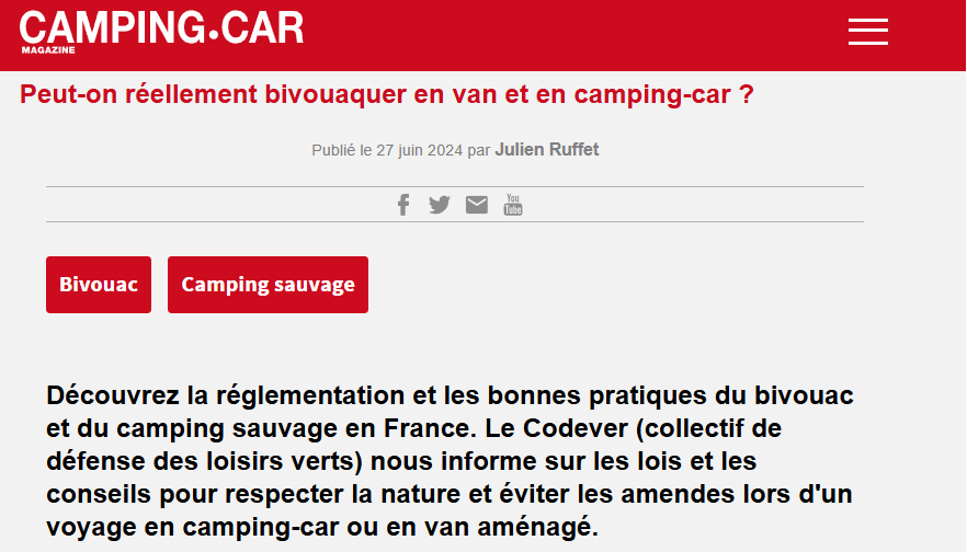 capture écran camping car mag article conseils été rando codever